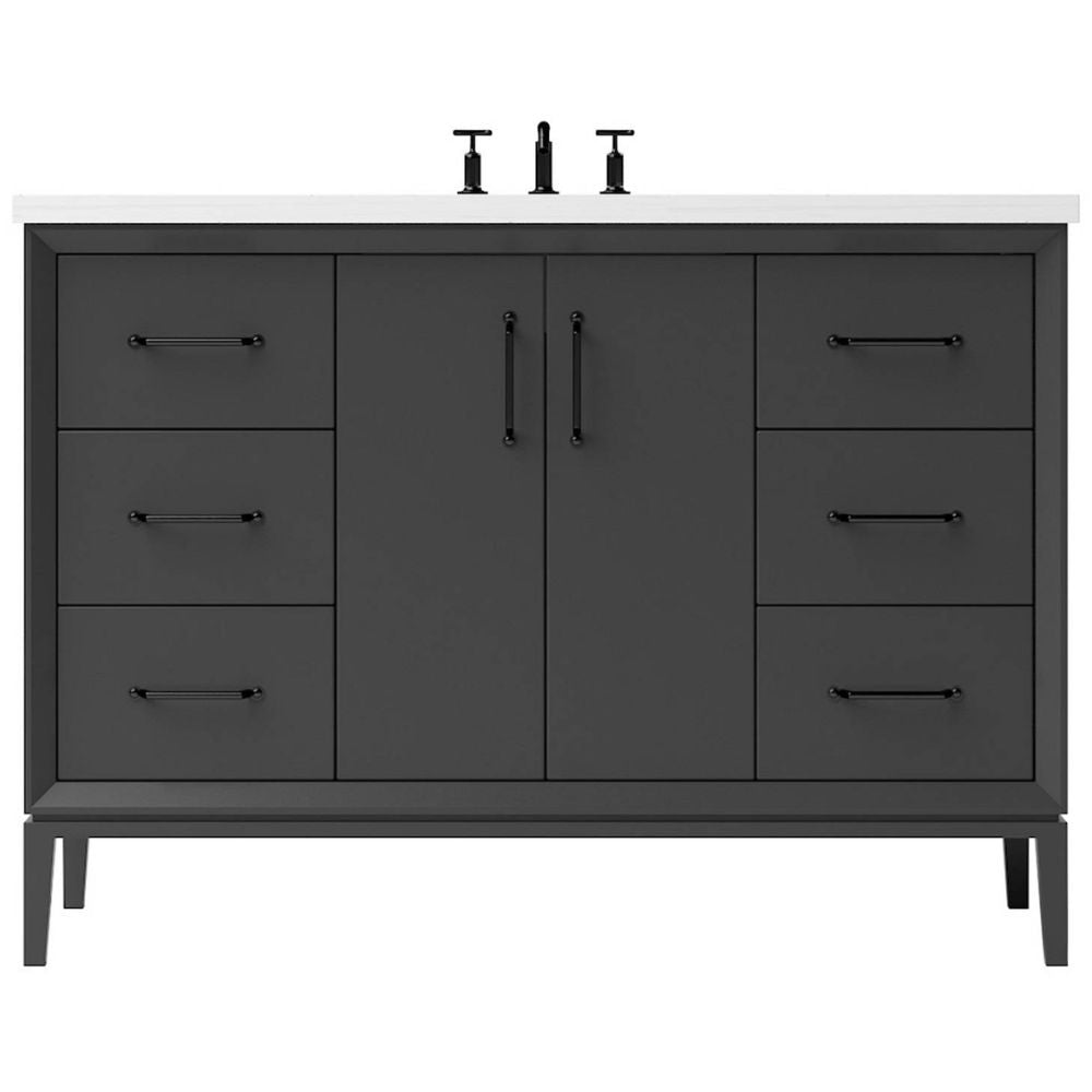 Bathroom vanity with dark gray finish, white countertop, and black fixtures on a white background