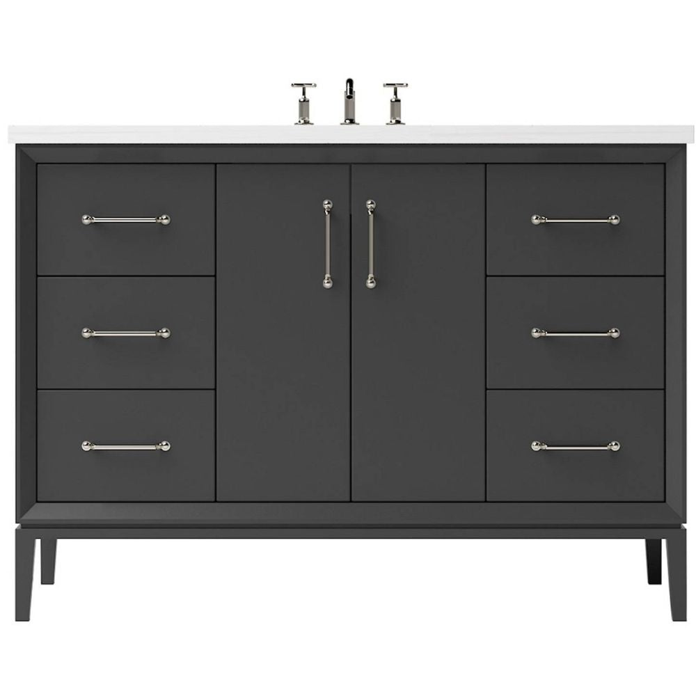 Gray bathroom vanity with white countertop and silver fixtures on a white background