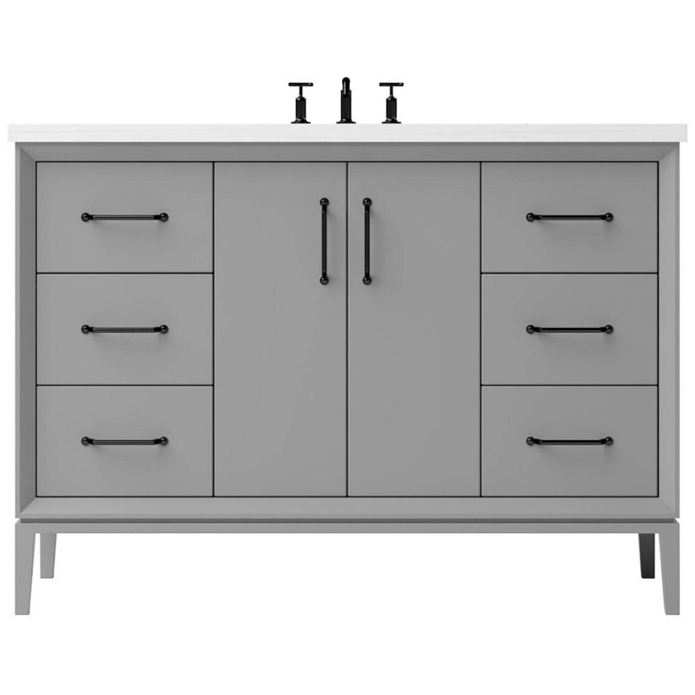 Gray bathroom vanity with white countertop and black fixtures on a white background