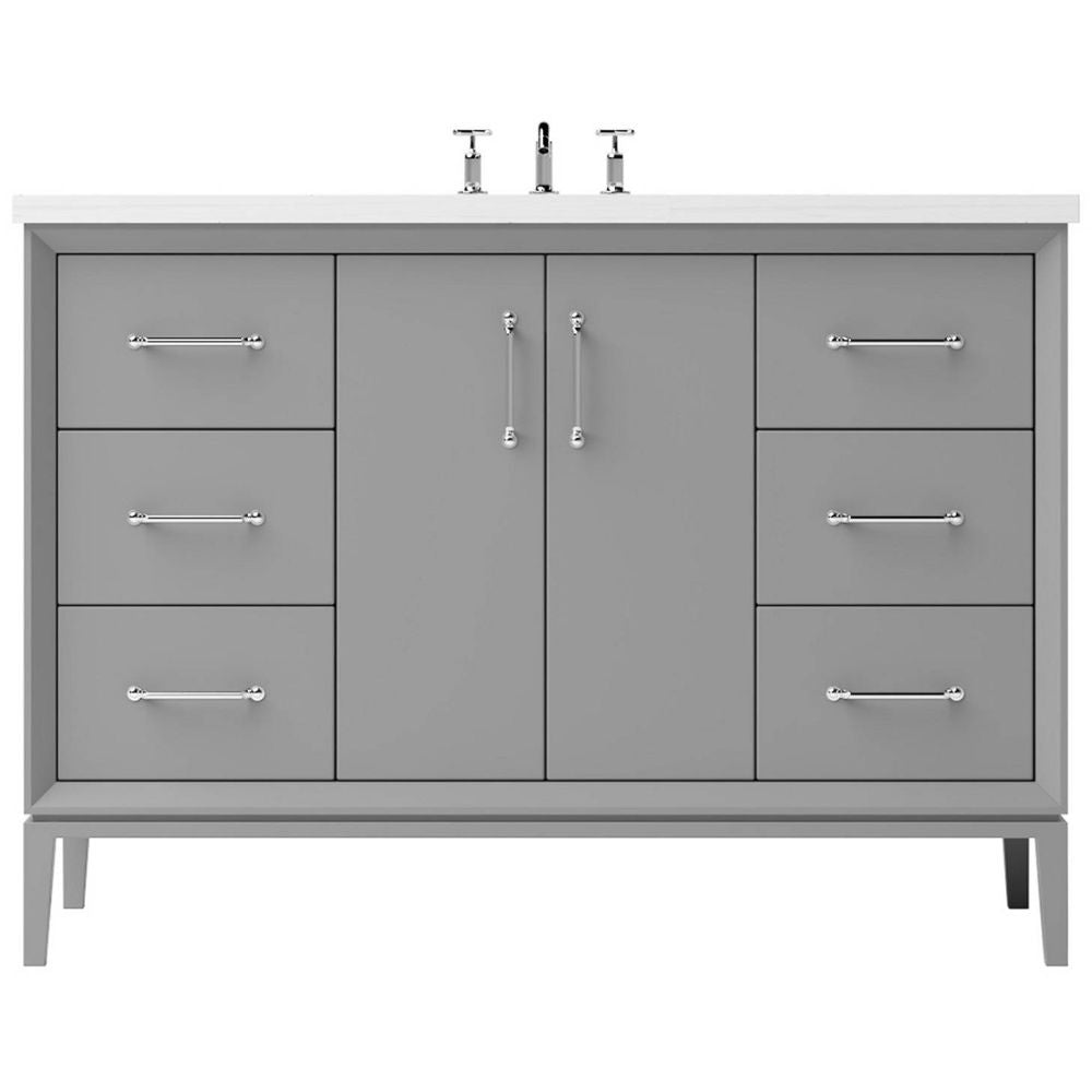 Gray bathroom vanity with white countertop and silver fixtures on a white background