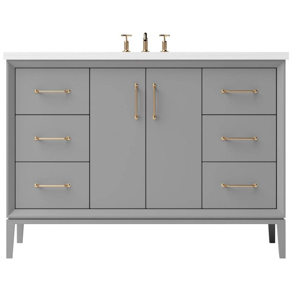 Gray bathroom vanity with gold handles on a white background