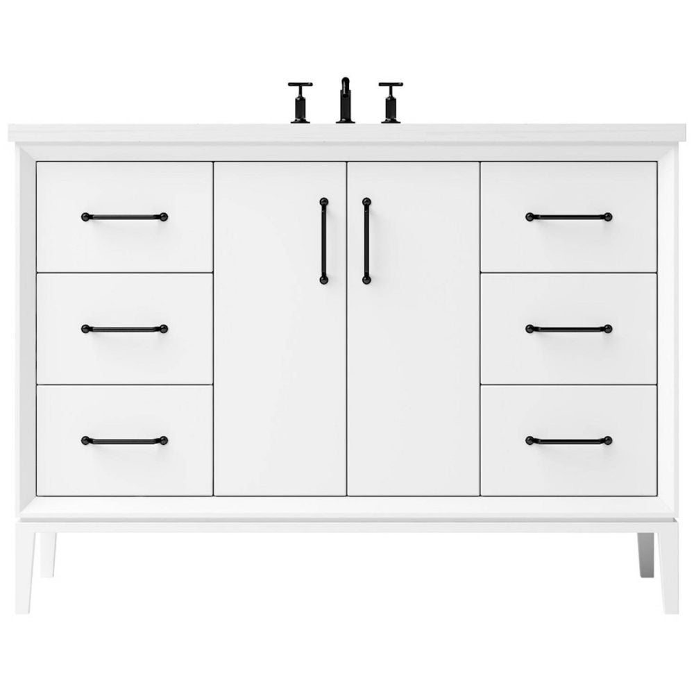 White bathroom vanity with black handles on a white background