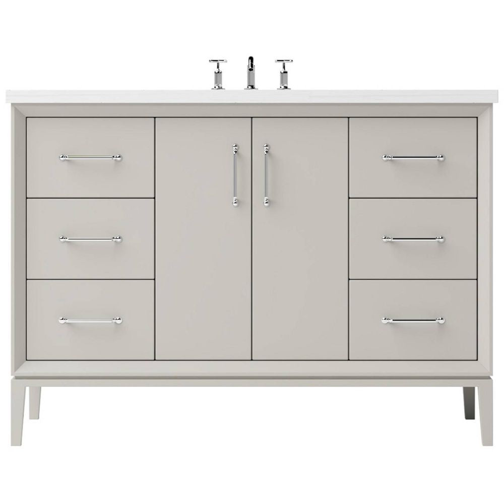 Gray bathroom vanity with white countertop and silver fixtures on a white background