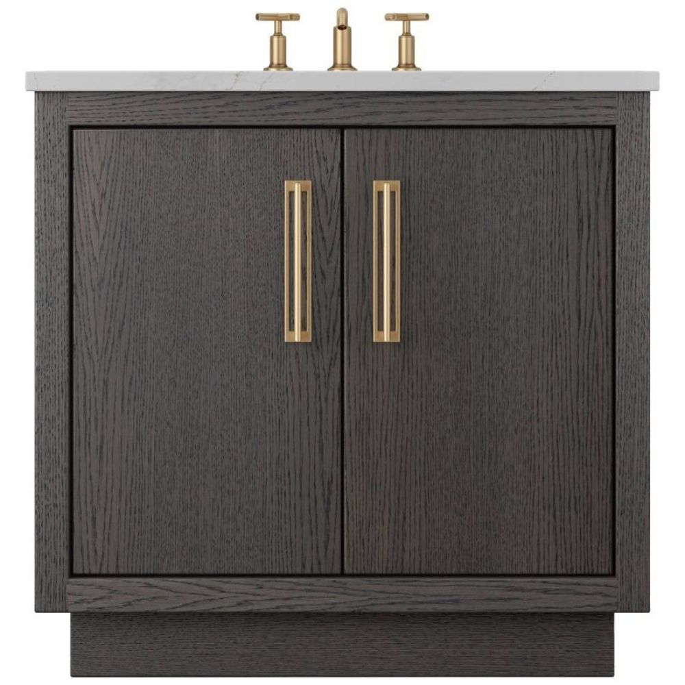 Bathroom vanity with dark wood finish, gold handles, and white countertop.