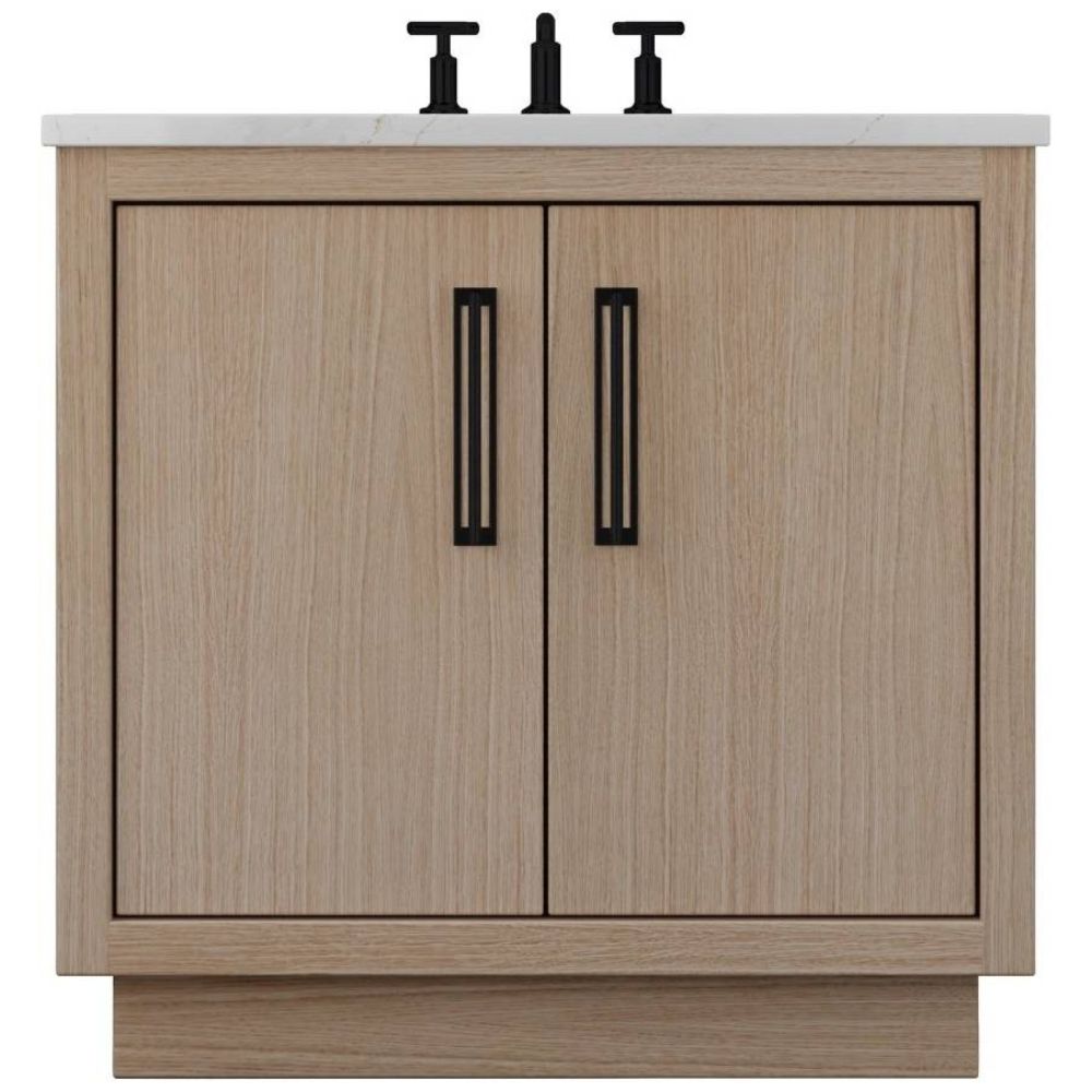 Wooden bathroom vanity with two doors and black handles on a white background