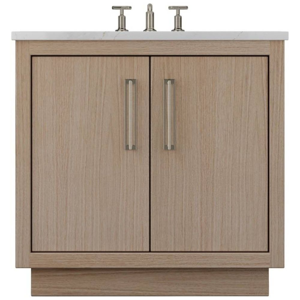 Wooden bathroom vanity with two doors and two silver faucets on a white background