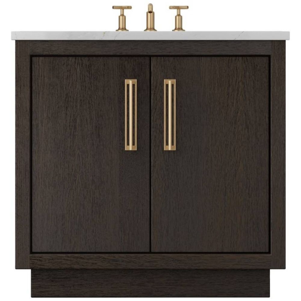 Bathroom vanity with dark wood finish and gold fixtures on a white background