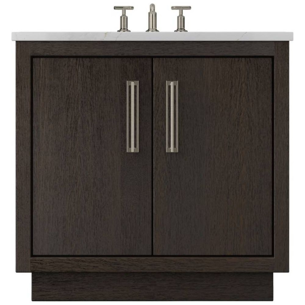 Bathroom vanity with dark wood finish and two silver handles on a white background