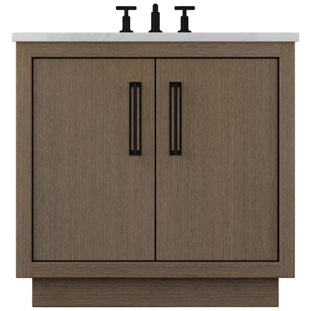 Brown wooden vanity with white countertop and black fixtures on a white background