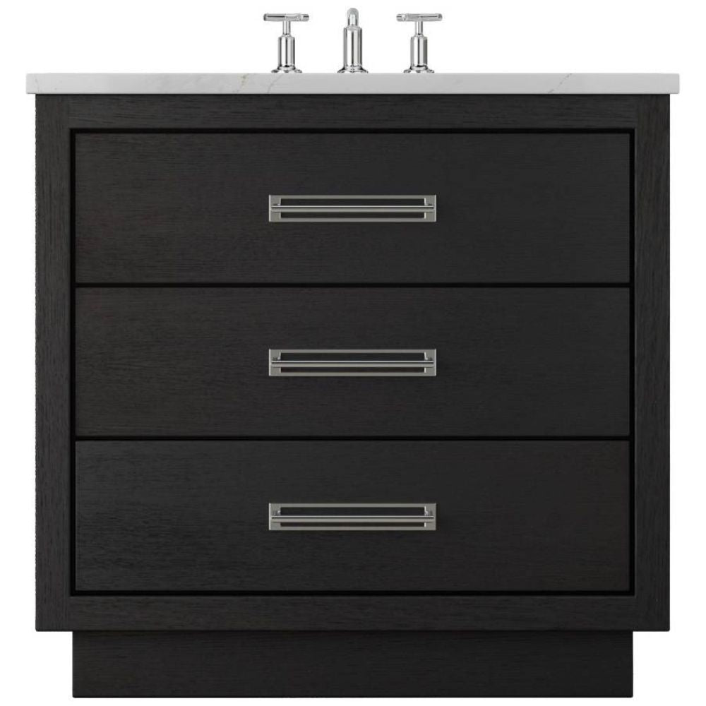 Black vanity with three drawers and a white countertop on a white background