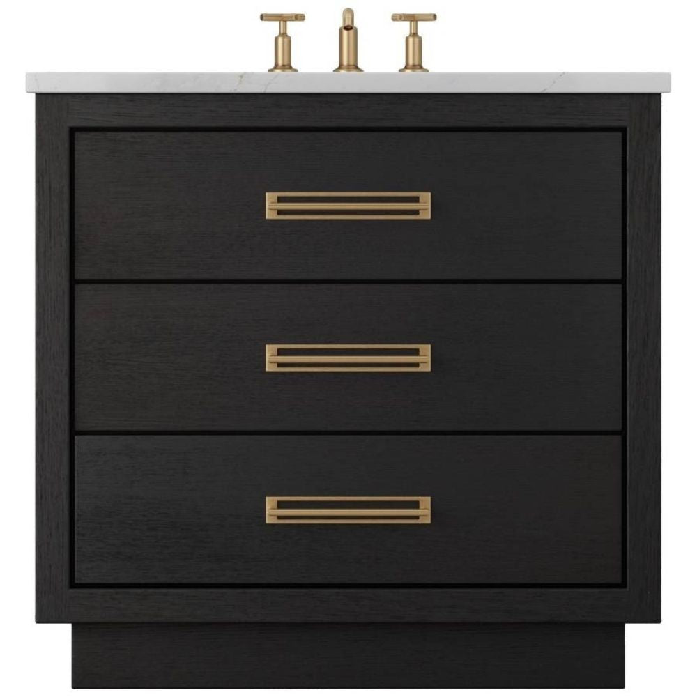 Black vanity with gold handles and a white countertop on a white background