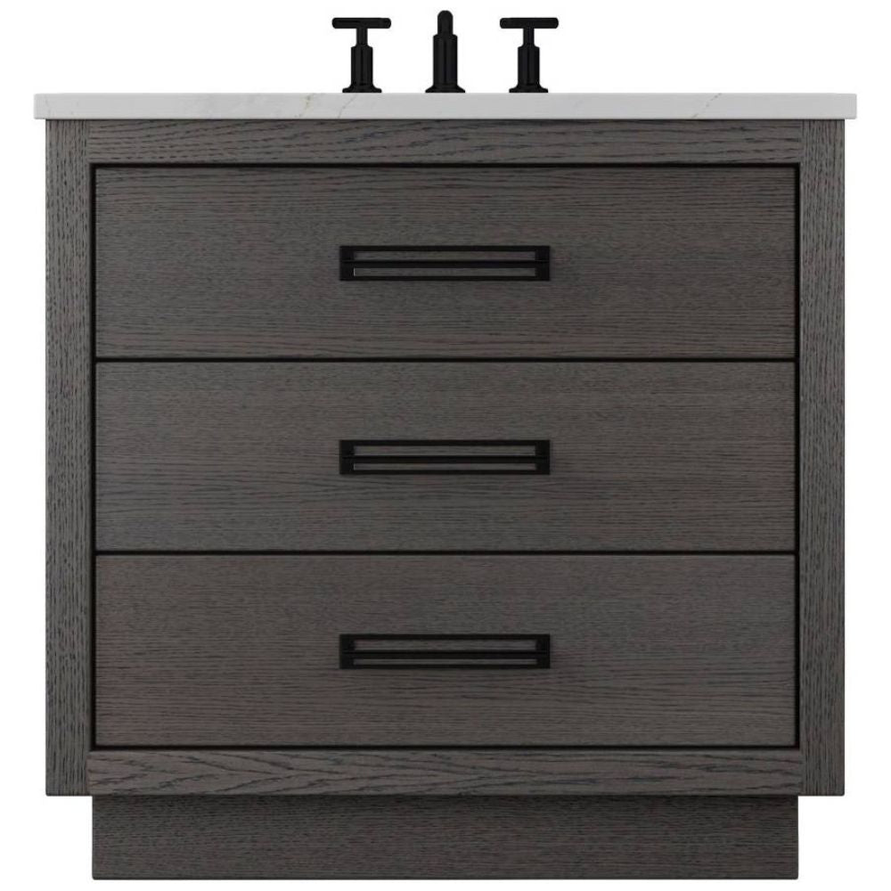 Gray wooden vanity with three drawers and a white countertop on a white background