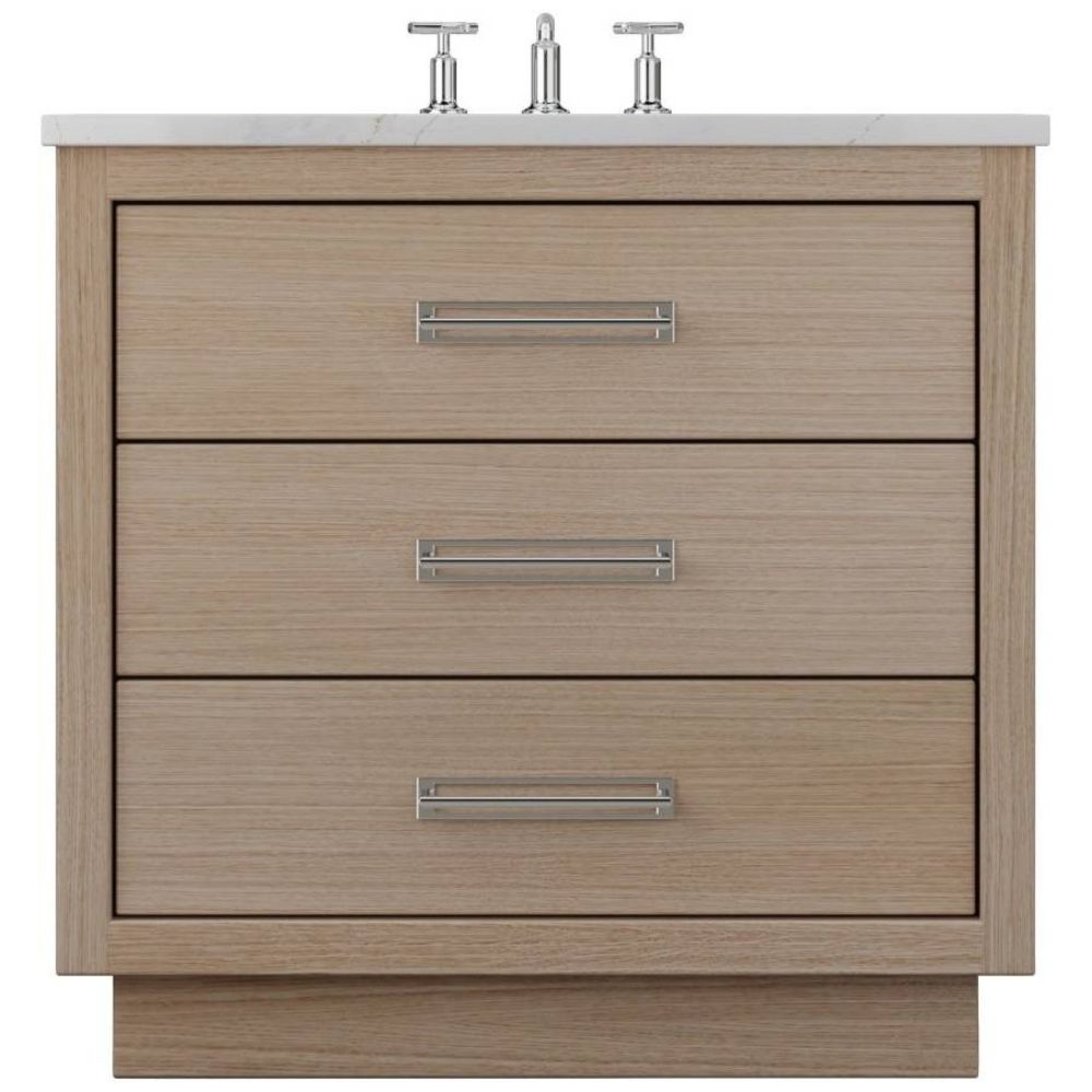 Wooden bathroom vanity with three drawers and a white countertop.