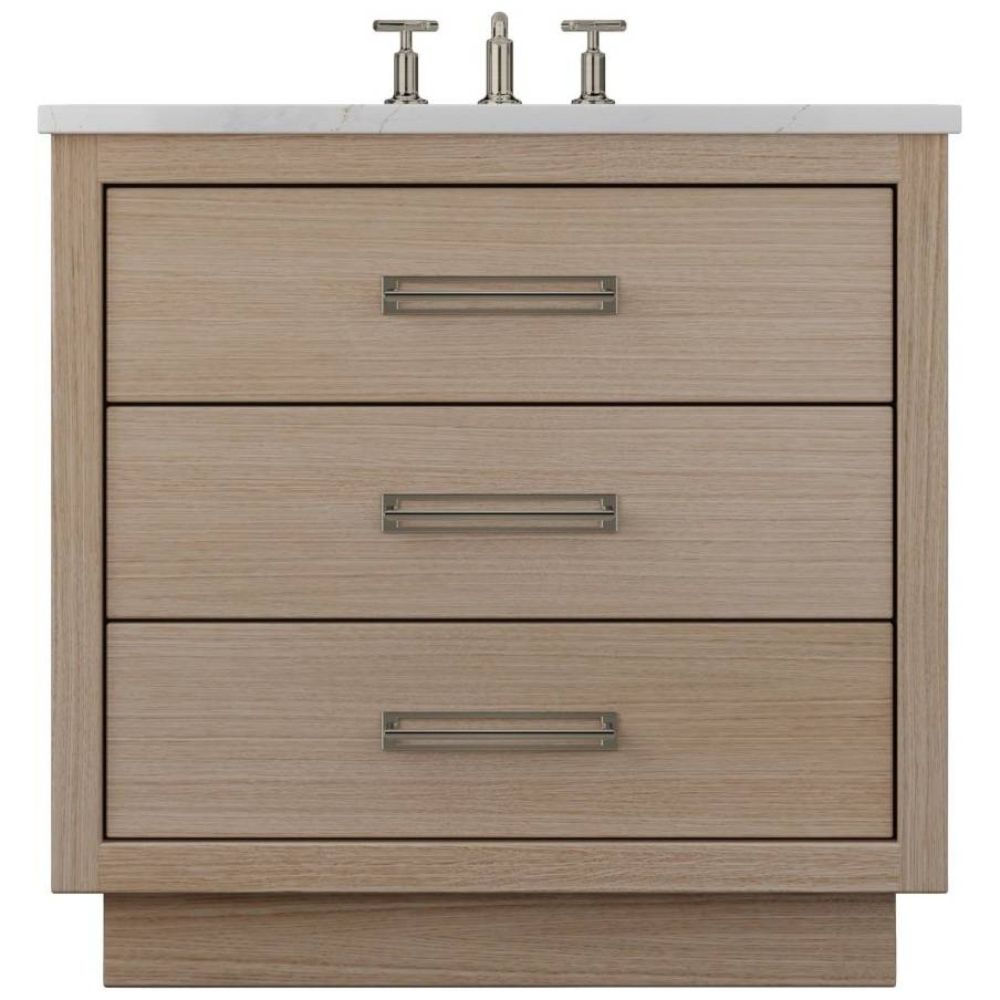 Bathroom vanity with three drawers and a white countertop.