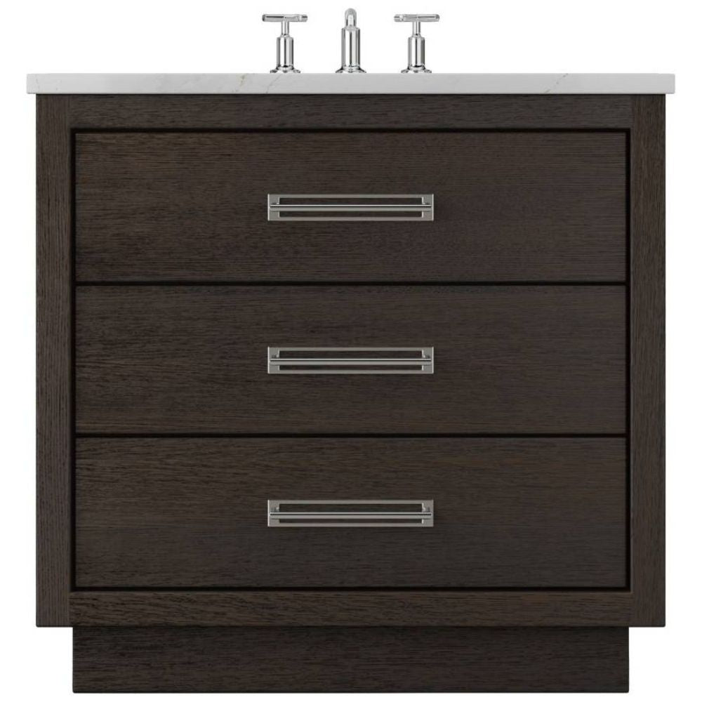 Dark wood bathroom vanity with three drawers and a white countertop.