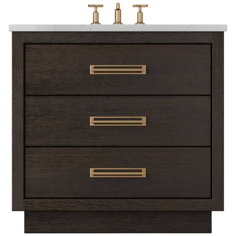 Dark wood vanity with gold handles and a white countertop