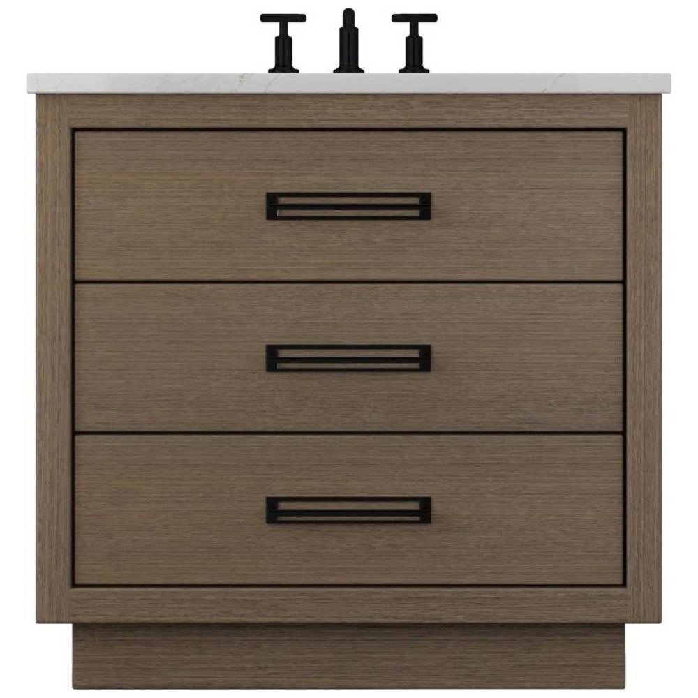 Wooden bathroom vanity with three drawers and black handles on a white background