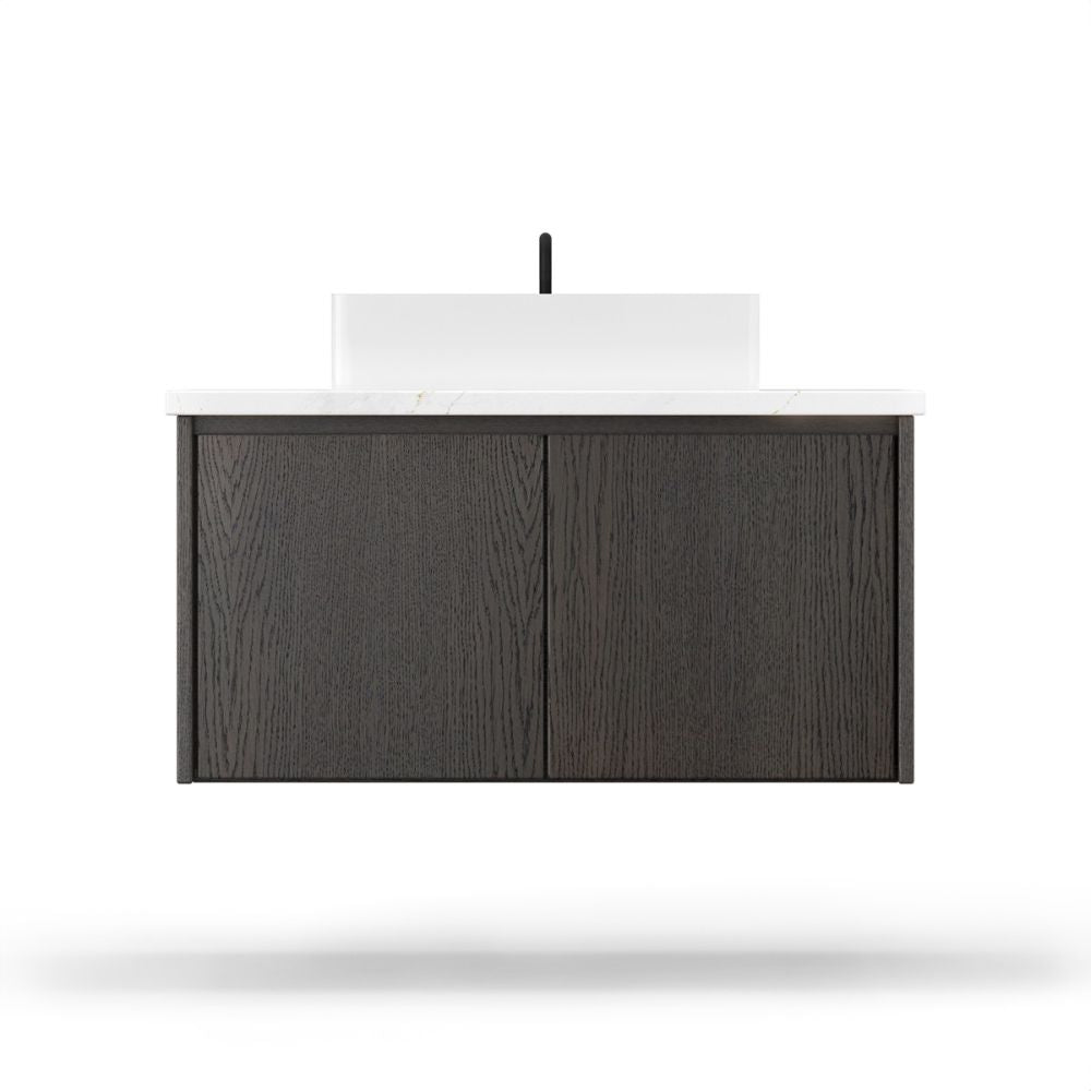 Bathroom vanity with dark wood finish and white countertop on a white background