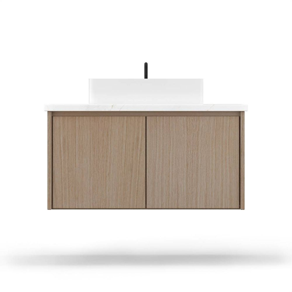 Wooden bathroom vanity with white countertop on a white background