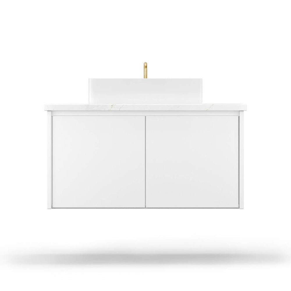 White bathroom vanity with a white countertop on a white background