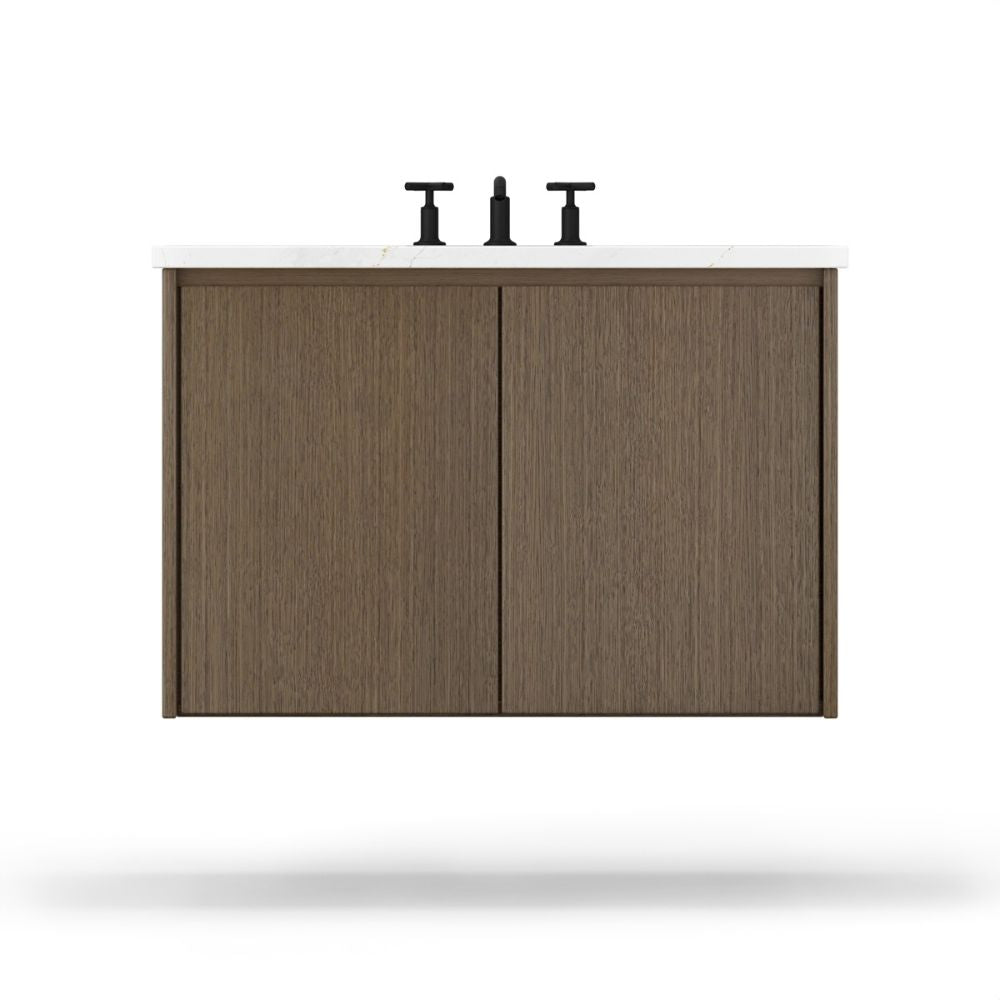 Wooden cabinet with two doors and three black bottles on a white background