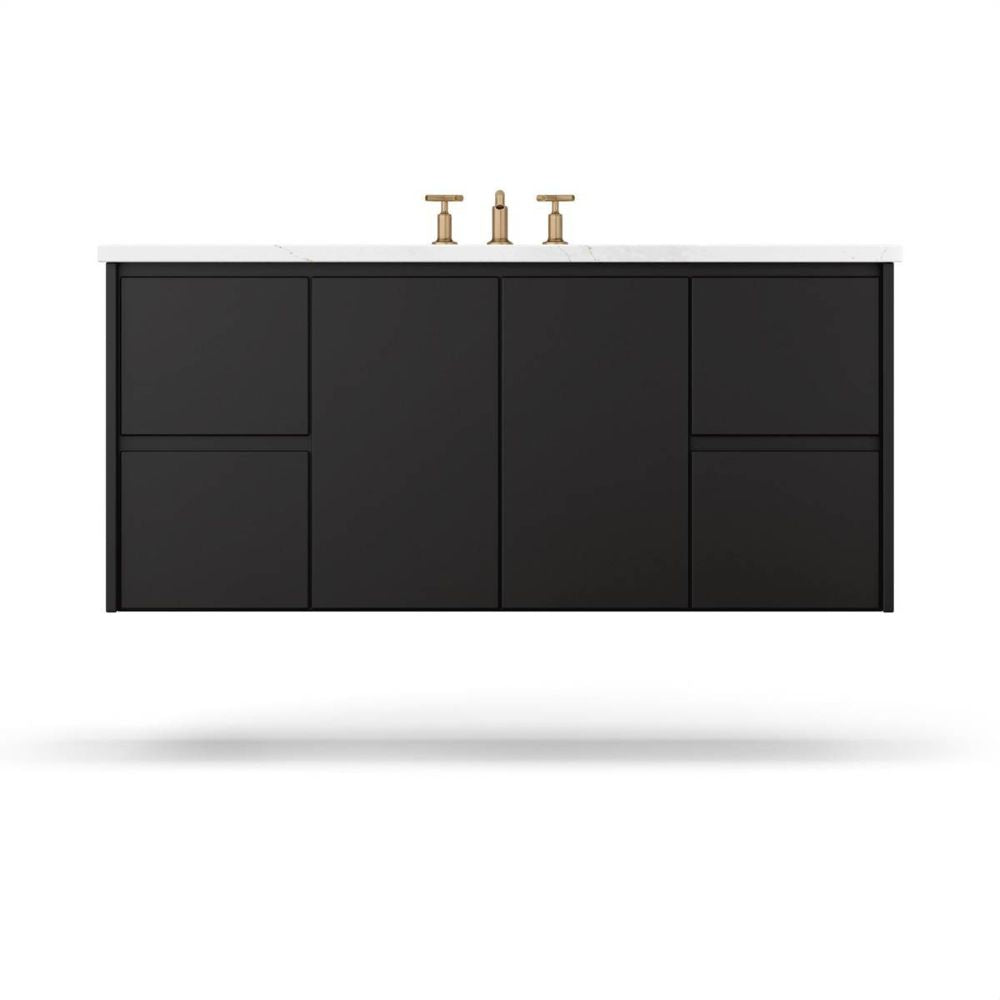 Black bathroom vanity with gold fixtures on a white background
