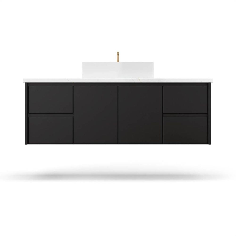 Black bathroom vanity with white countertop on a white background