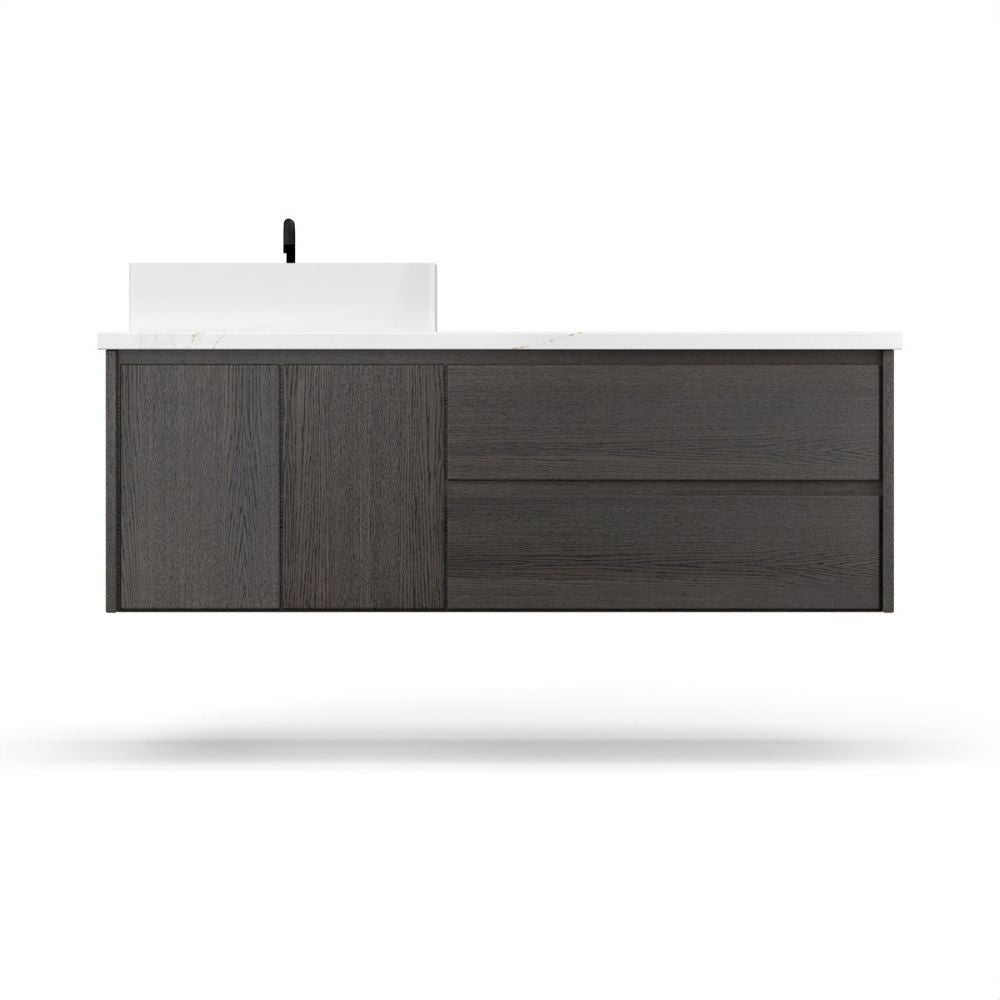 Bathroom vanity with dark wood finish and white countertop on a white background