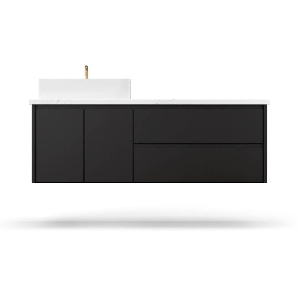 Black bathroom vanity with white countertop on a white background