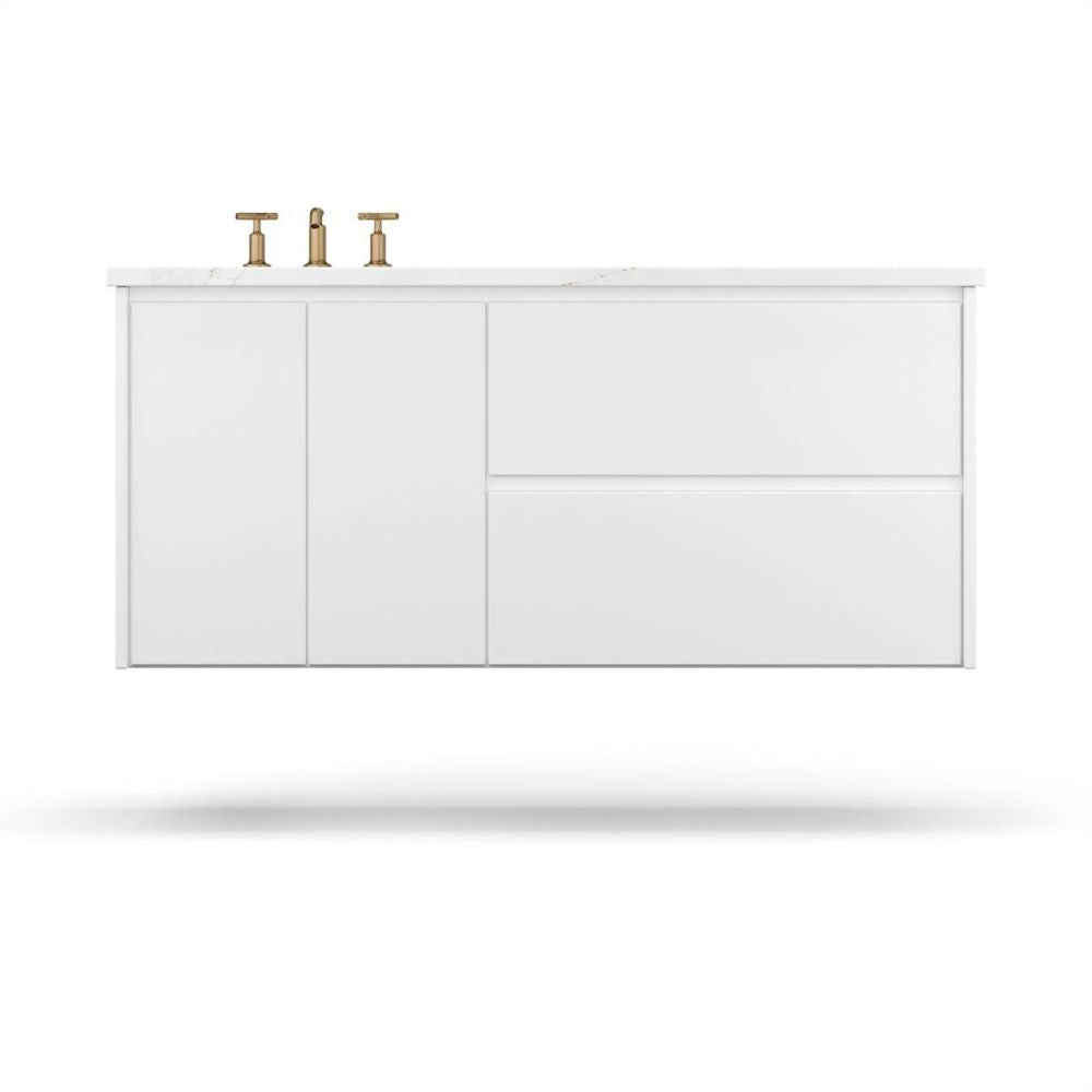 White bathroom vanity with gold fixtures on a white background