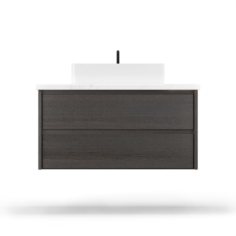 Bathroom vanity with dark wood finish and white countertop on a white background