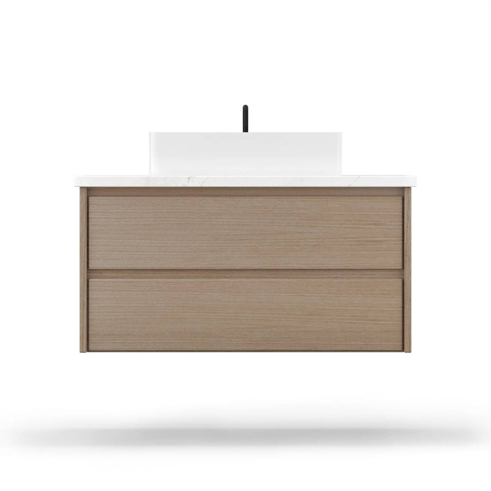 Bathroom vanity with wooden finish and white countertop on a white background
