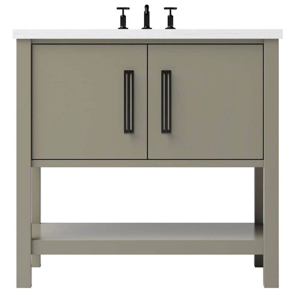 Bathroom vanity with two doors, a shelf, and black handles on a white background