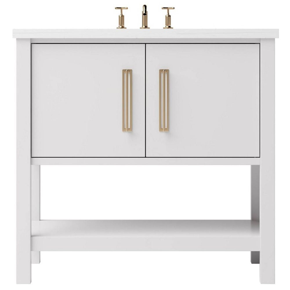 White bathroom vanity with gold handles on a white background