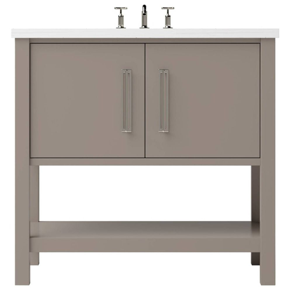 Bathroom vanity with two doors and a shelf on a white background