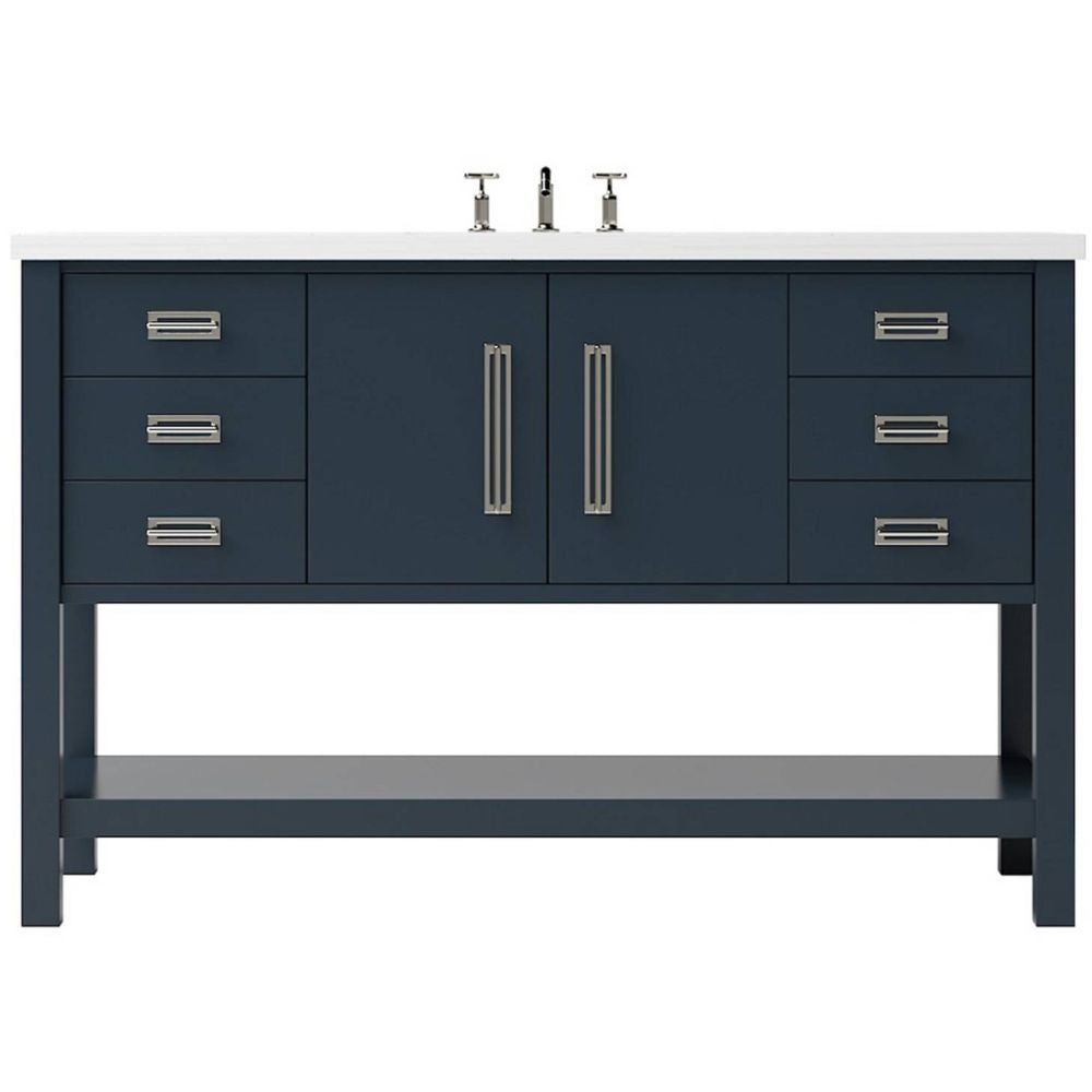 Bathroom vanity with blue cabinets, white countertop, and gold fixtures on a white background