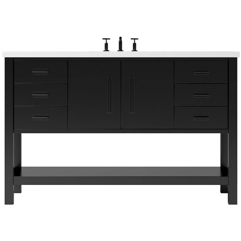 Black bathroom vanity with white countertop on a white background