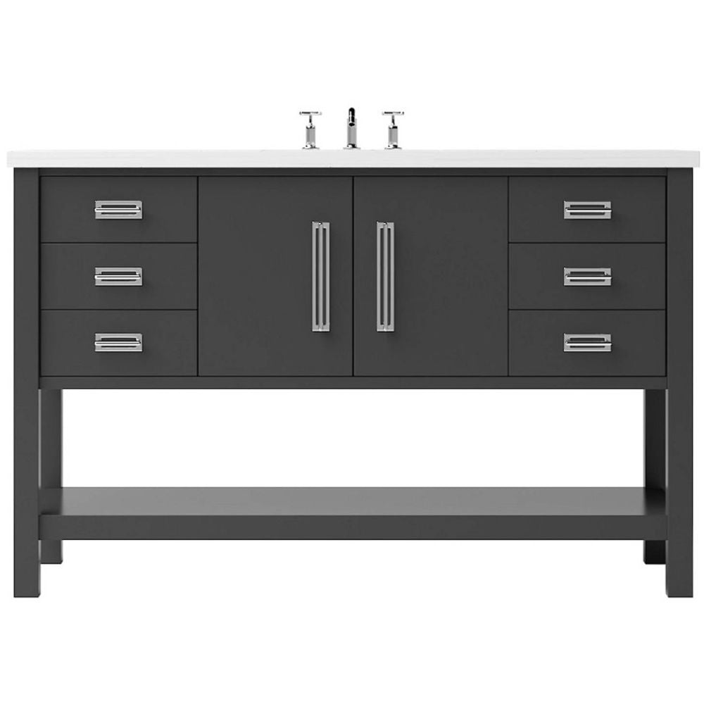 Bathroom vanity with dark gray cabinets, white countertop, and silver fixtures on a white background
