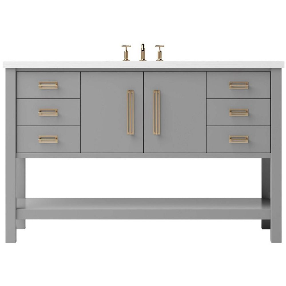 Gray bathroom vanity with gold fixtures on a white background