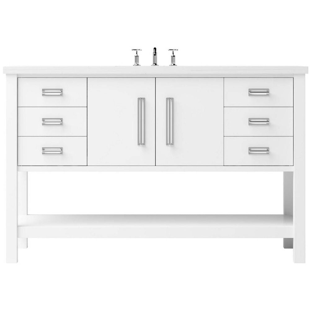 White bathroom vanity with multiple drawers and a central cabinet on a white background