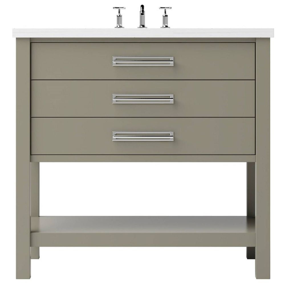 Gray bathroom vanity with white countertop and silver fixtures on a white background