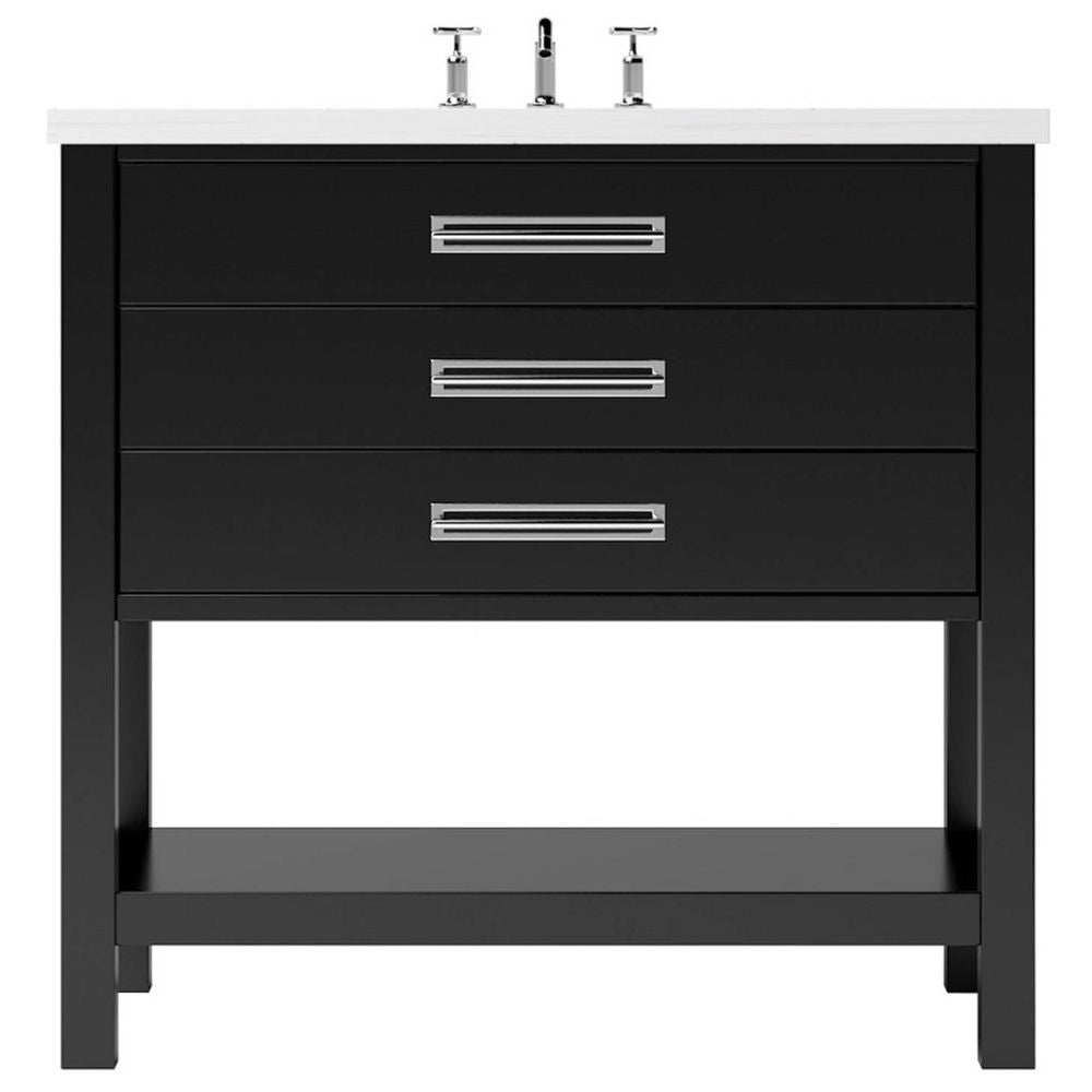 Black bathroom vanity with two drawers and a white countertop on a white background