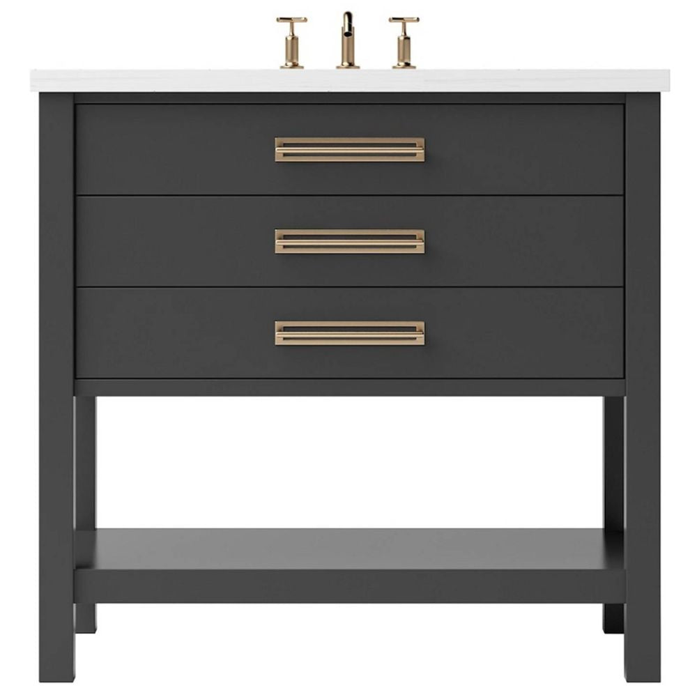 Dark gray bathroom vanity with gold handles on a white background
