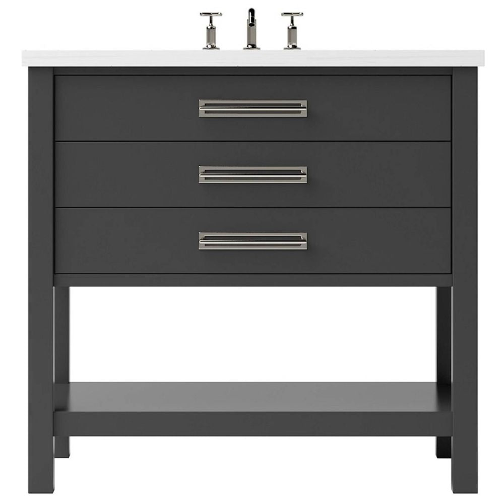 Gray bathroom vanity with white countertop and silver fixtures on a white background
