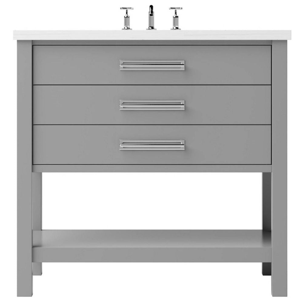 Gray bathroom vanity with white countertop and black fixtures on a white background
