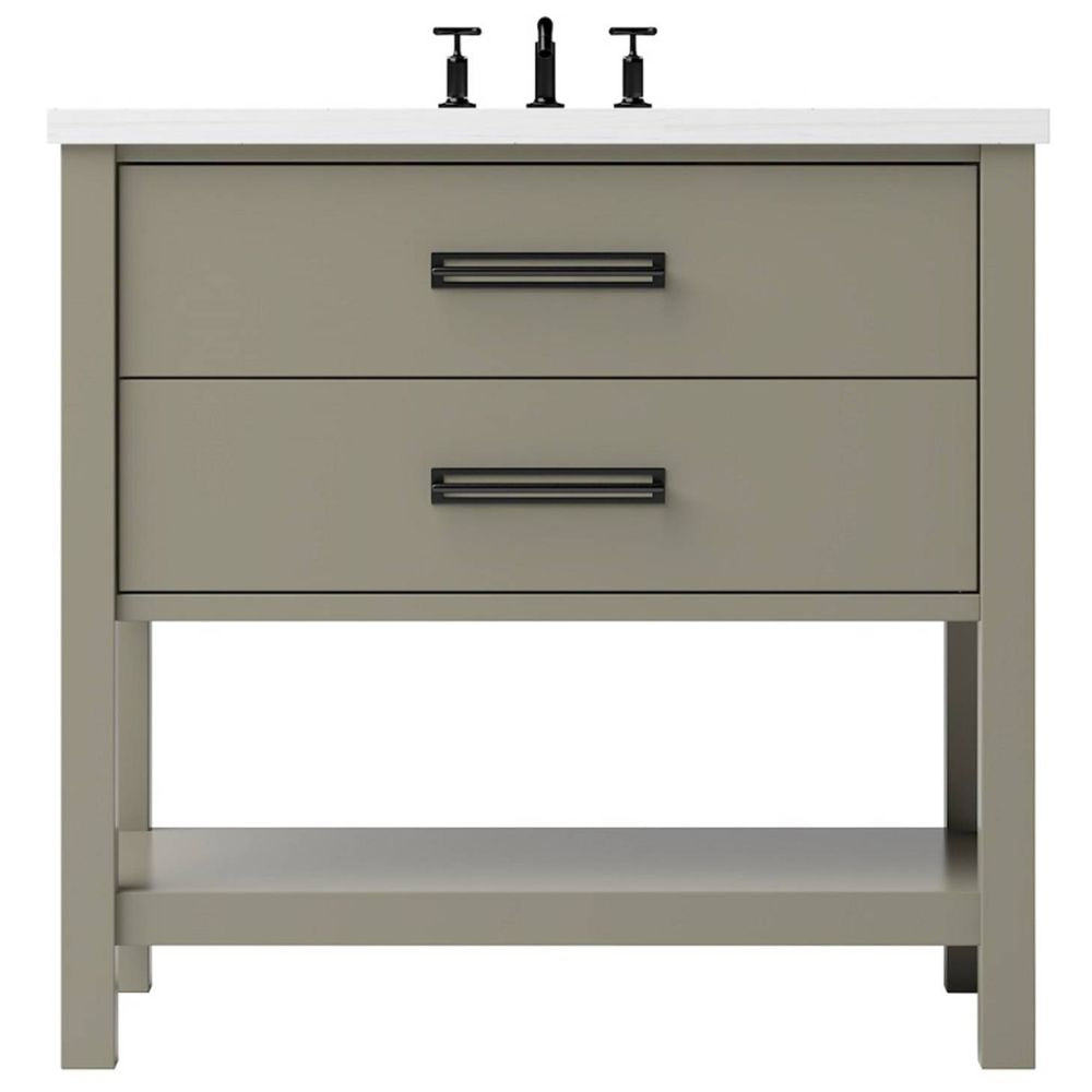 Gray bathroom vanity with white countertop and black fixtures on a white background