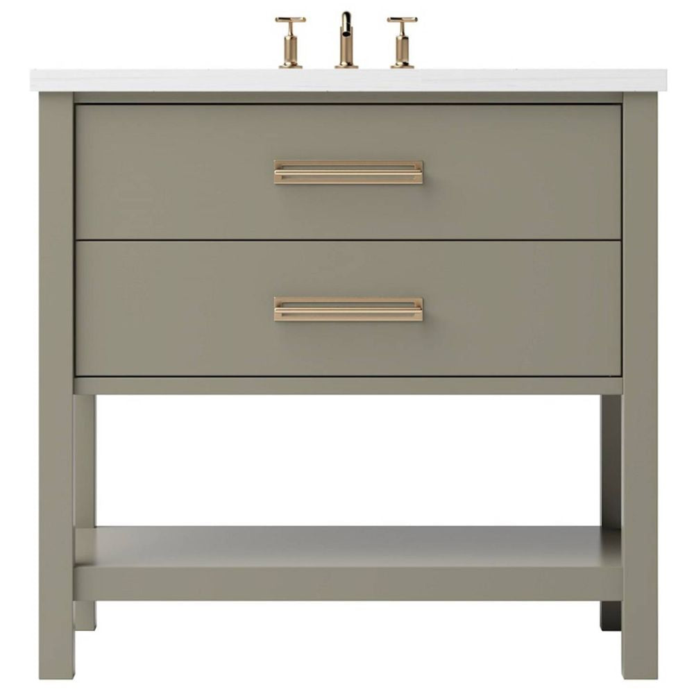 Bathroom vanity with two doors, gold handles, and a white countertop on a white background
