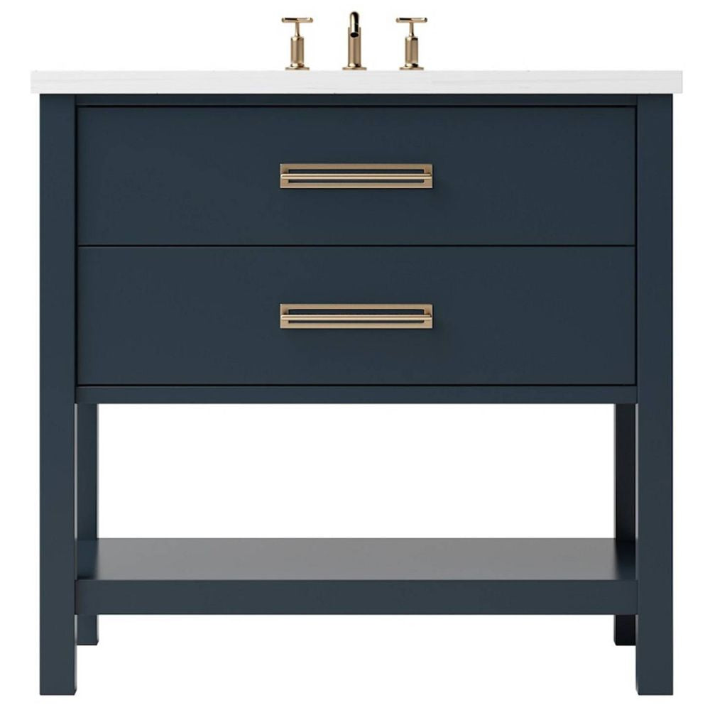 Blue vanity with white countertop and gold fixtures on a white background