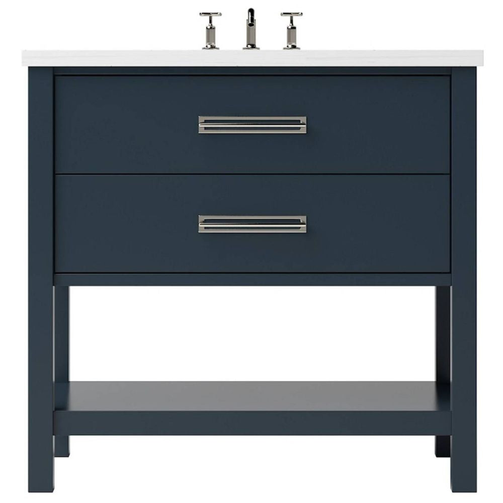 Blue bathroom vanity with white countertop and silver fixtures on a white background