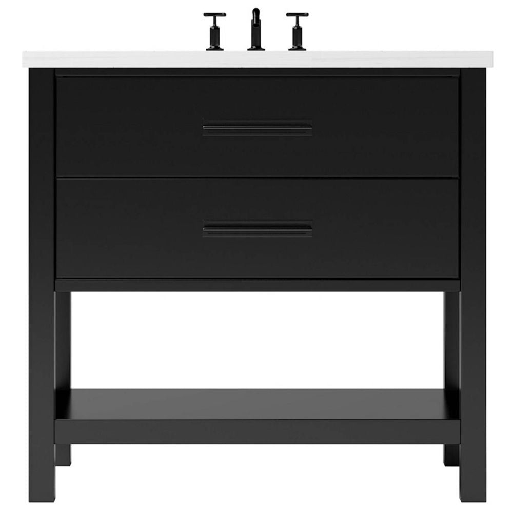 Black bathroom vanity with white countertop and three drawers on a white background
